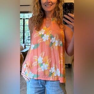 Hinano Tahiti Hawaiian Floral Halter Tank Top Rayon Tropical Resort S/M